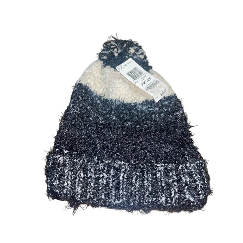Charter Club Women's Mixed Media Chenille Cuff Beanie Hat Black Ivory Retail $40